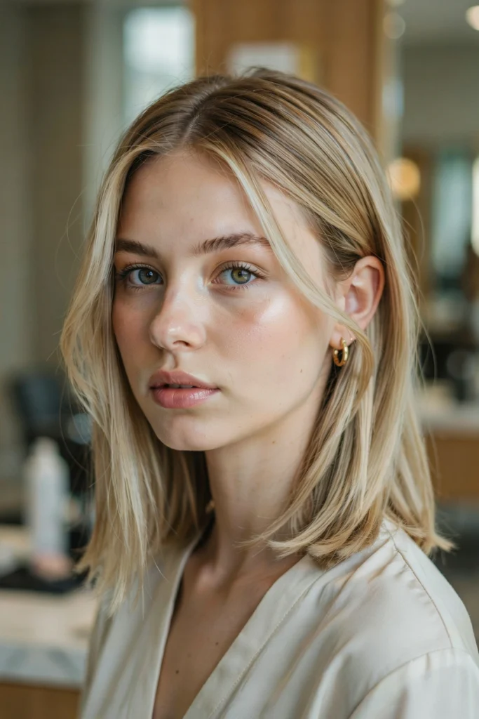 Angled Lob With Bright Blonde Balayage