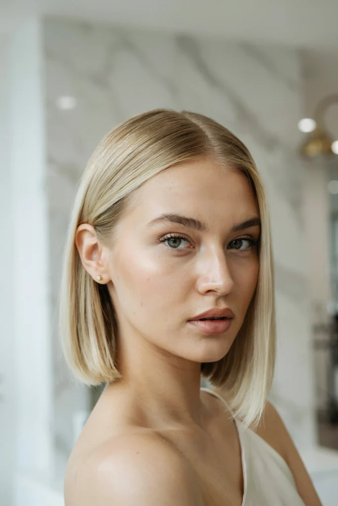Blunt Blonde Lob With a Deep Side Part