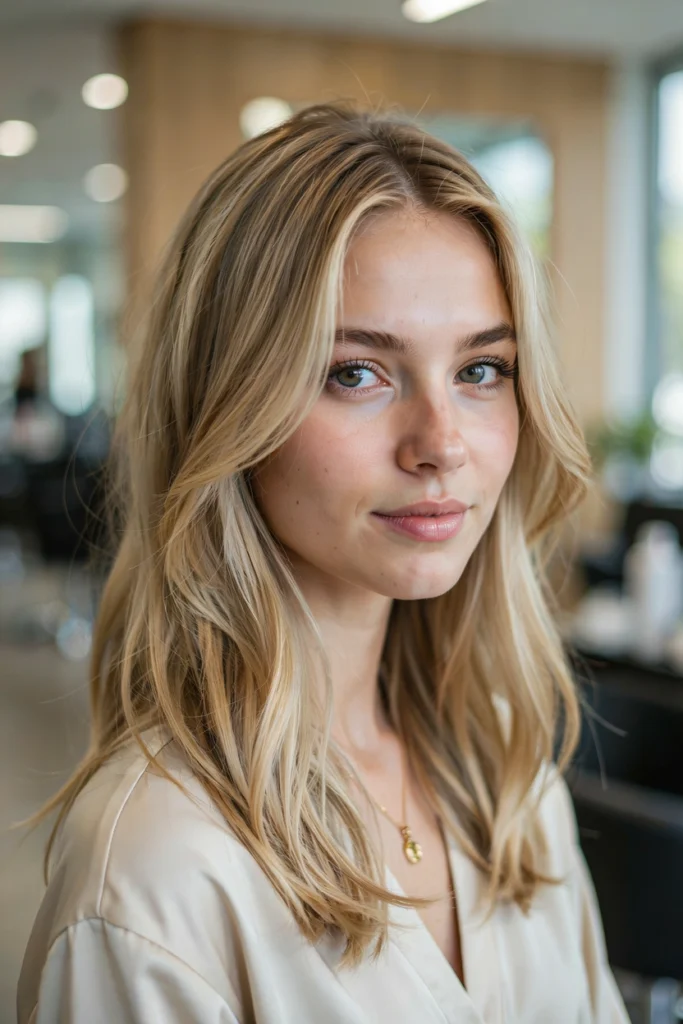 Bouncy Champagne Blonde Blowout With Face-Framing Layers