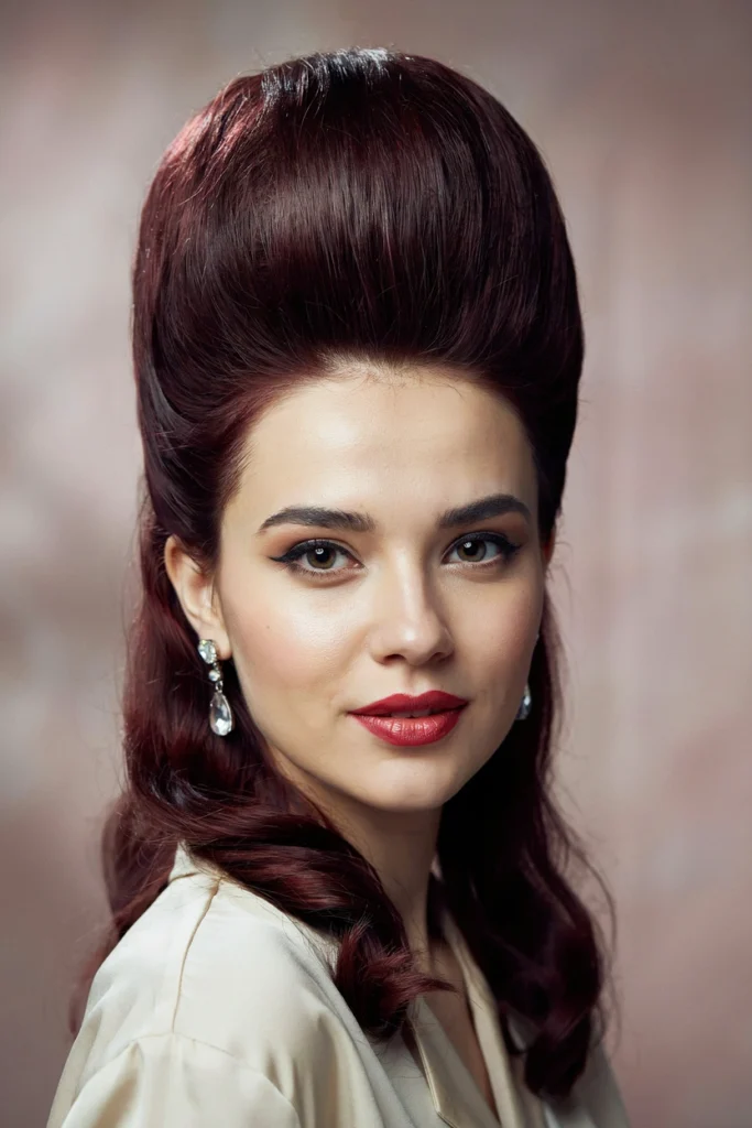 Burgundy Retro Beehive With Curled Ends