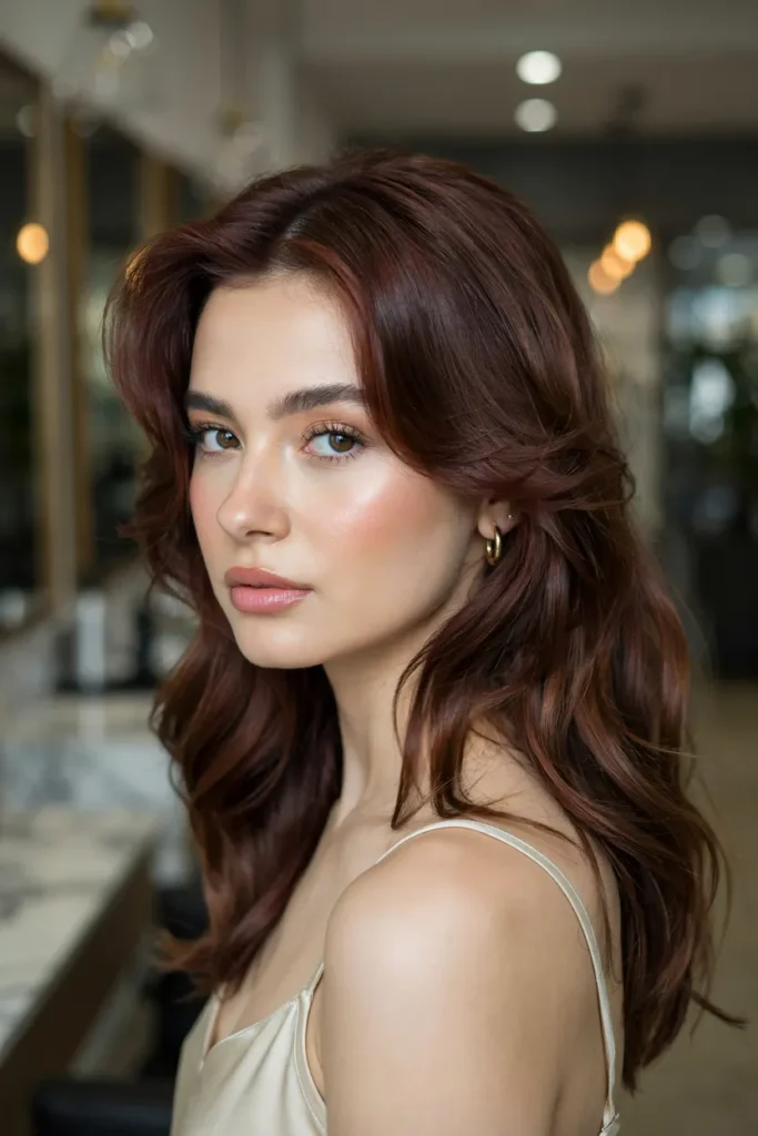 Cherry Mocha Hair With Luxe Blowout and Side Part