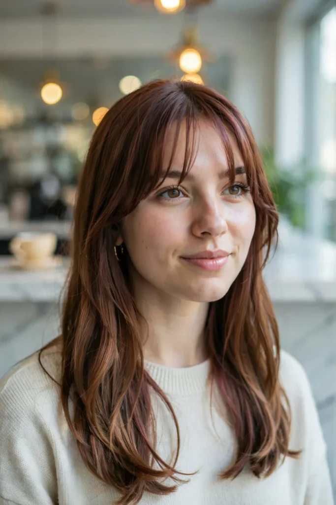 Cherry Mocha Hair With Soft Curtain Bangs