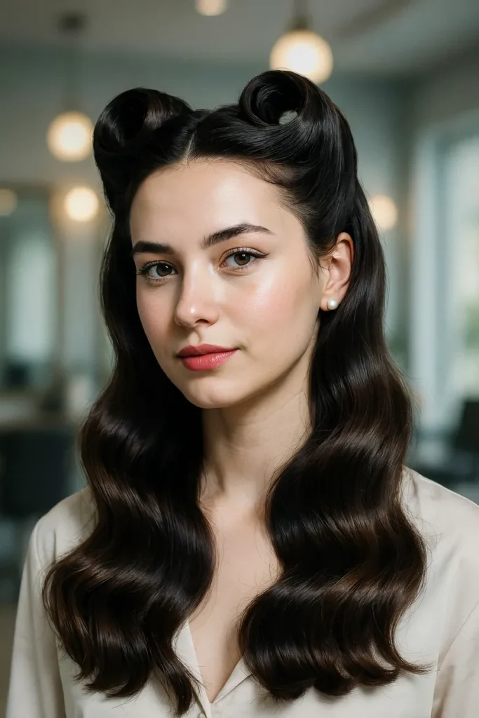 Classic Jet Black Victory Rolls With Glossy Waves