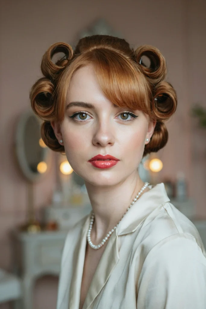 Copper Red Pin Curls With Side-Swept Bangs
