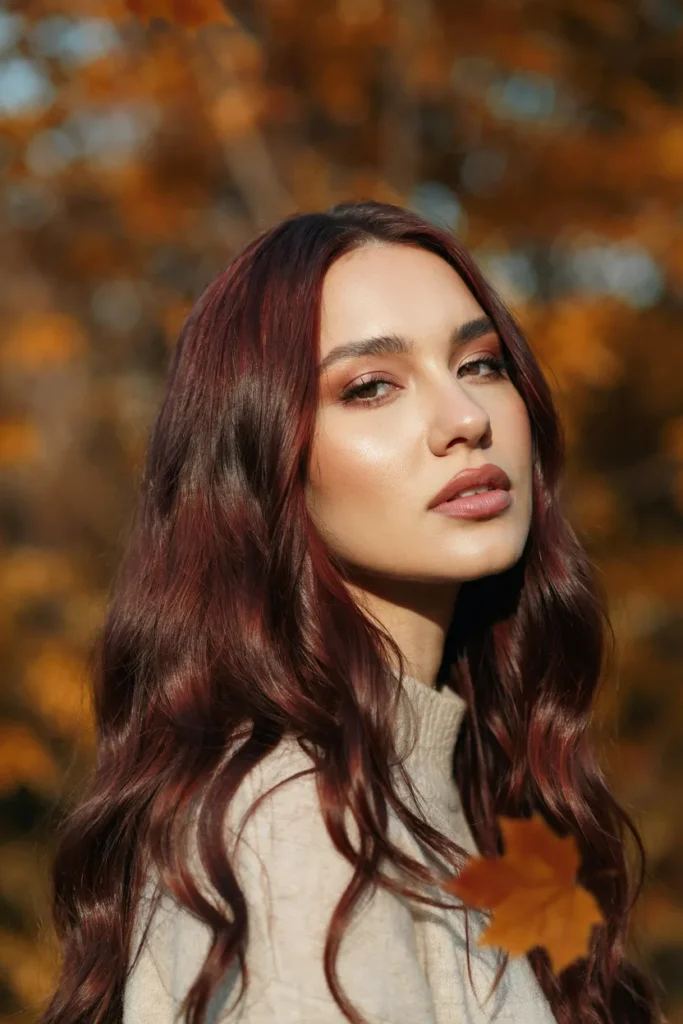 Dark Cherry Cola Hair With Soft Glam Waves