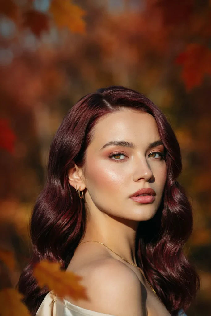 Deep Burgundy Hair With Soft Hollywood Waves