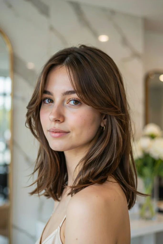 Feathered Lob With Side-Swept Bangs
