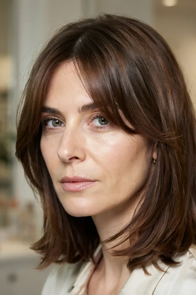 Feathered Long Bob With Curtain Bangs And Soft Volume