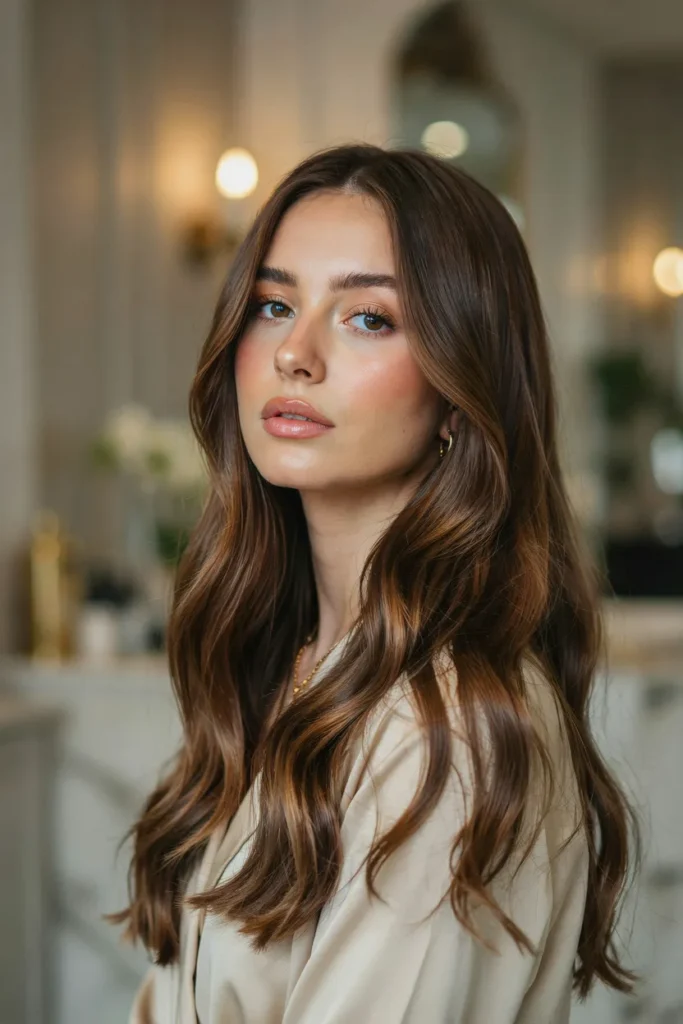 Glossy Cherry Mocha Balayage With Soft Hollywood Waves