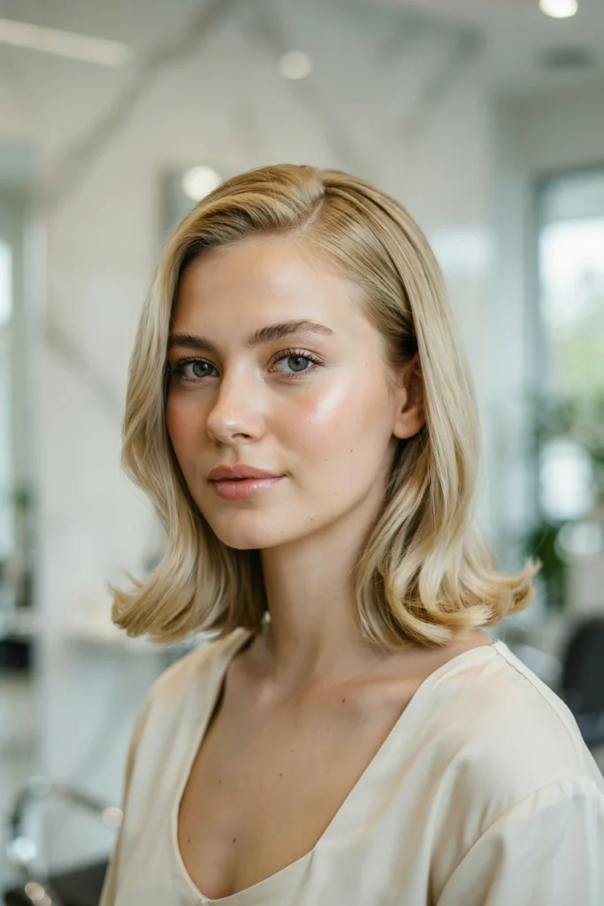 Icy Pearl Blonde Blowout With Sleek C-Curl Ends