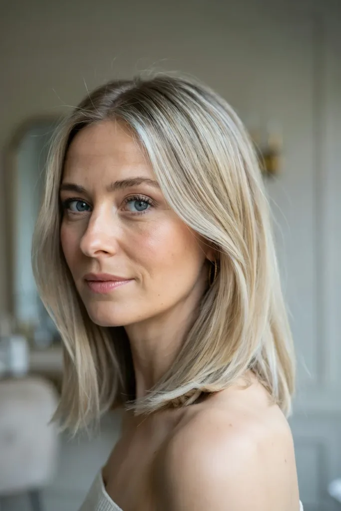 Long Bob With Silver Blonde Highlights And Soft Layered Movement