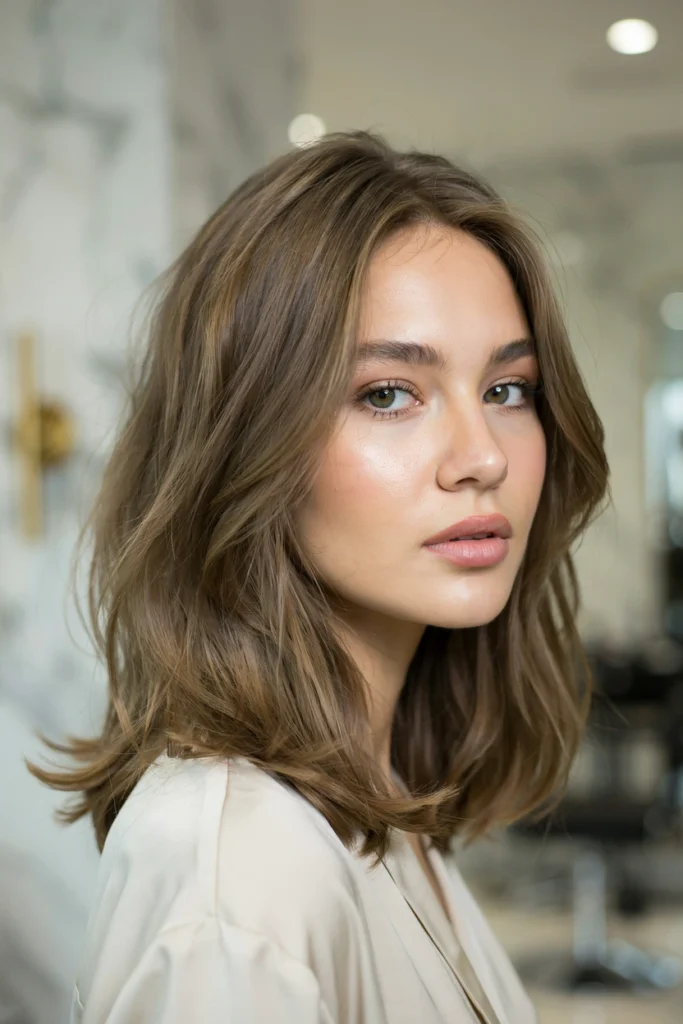 Mushroom Brunette Blowout With Soft Feathered Layers