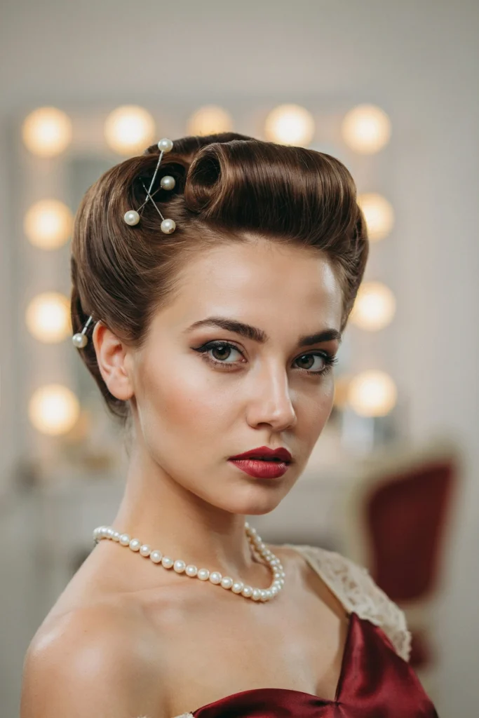 Retro Espresso Roll Updo With Pearl Hair Pins