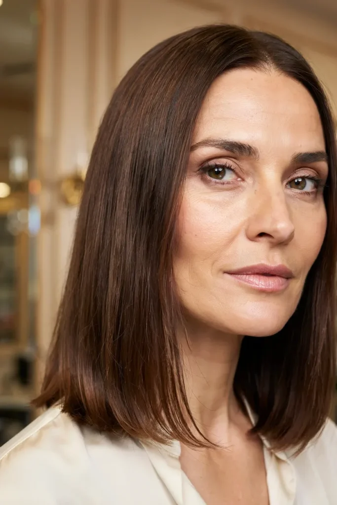 Rich Chocolate Brown Long Bob With Subtle Layers And Glossy Shine