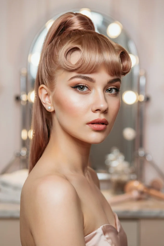 Rose Gold Retro Ponytail With Rolled Bangs