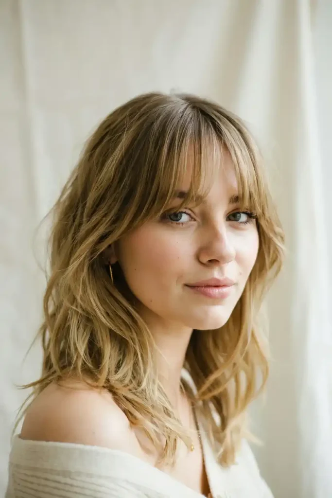Shoulder-Length Blowout With Curtain Bangs And Soft Feathered Layers
