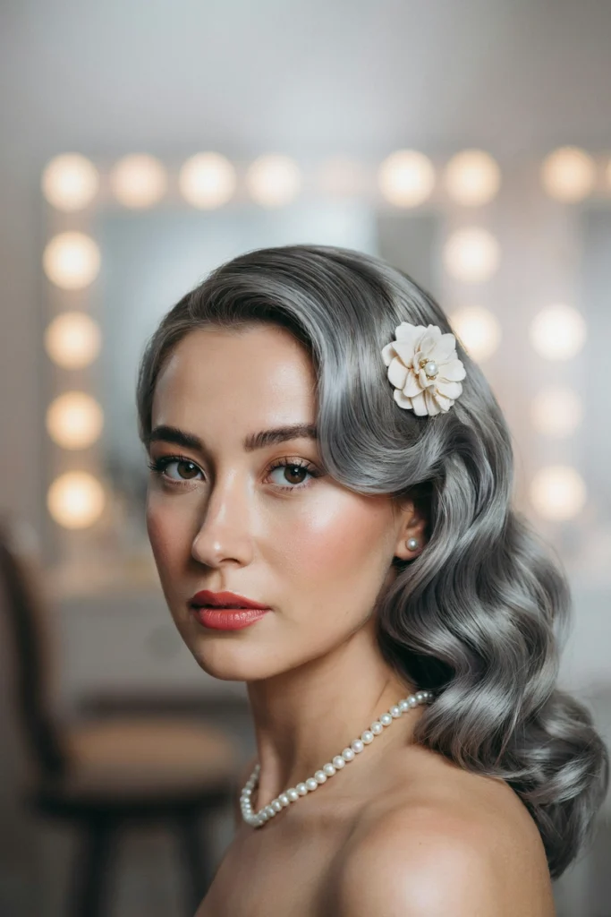 Silver Gray Hollywood Waves With a Vintage Flower Clip