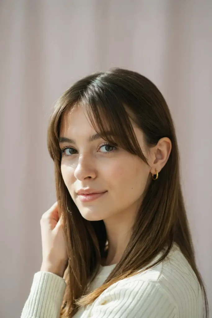 Straight Hair Blowout With Curtain Bangs And Smooth Layered Volume