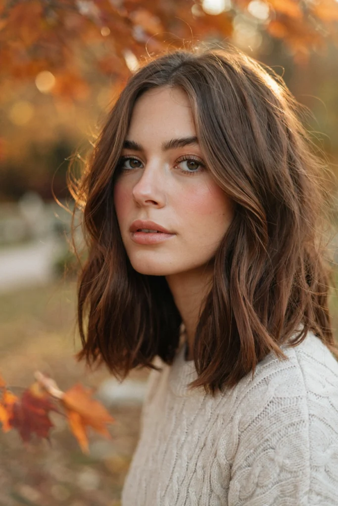 Shoulder-Length Butterfly Layers With Brunette Highlights