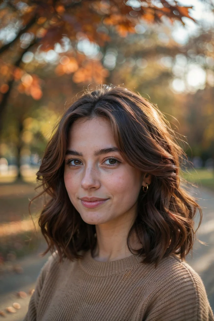 Shoulder-Length Curls With Cinnamon Brunette Highlights